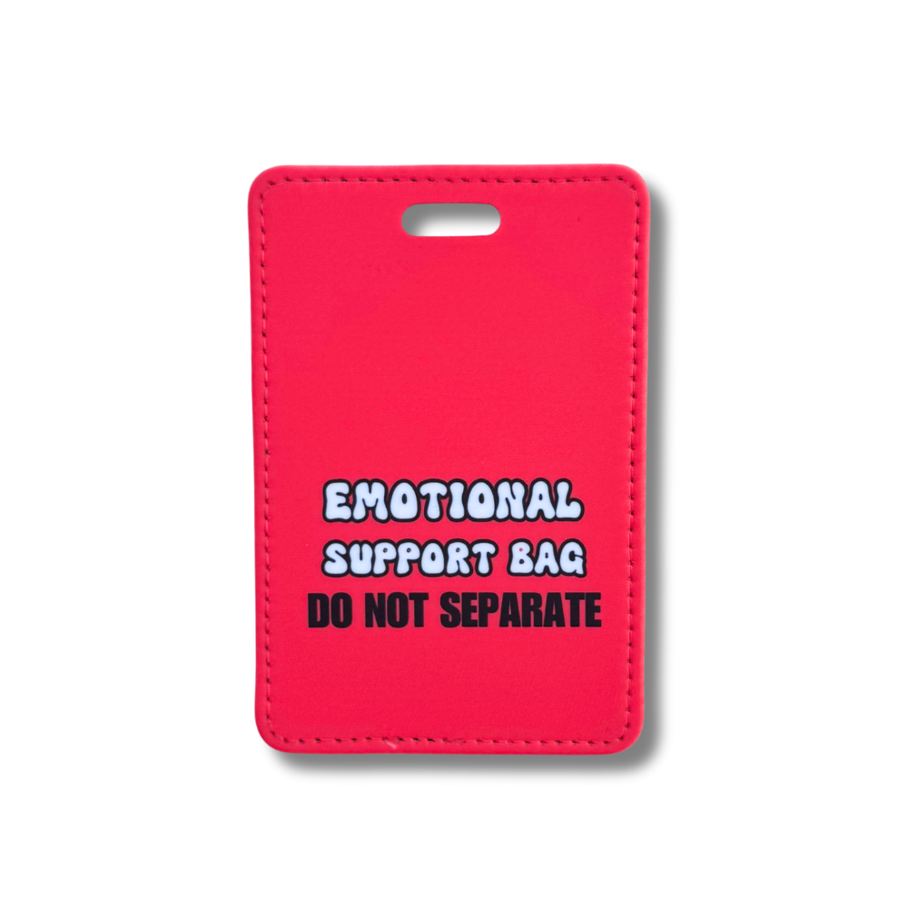 Bright red faux leather luggage tag with "Emotional Support Bag – Do Not Separate" in bold text, perfect for travelers who rely on their carry-ons.

