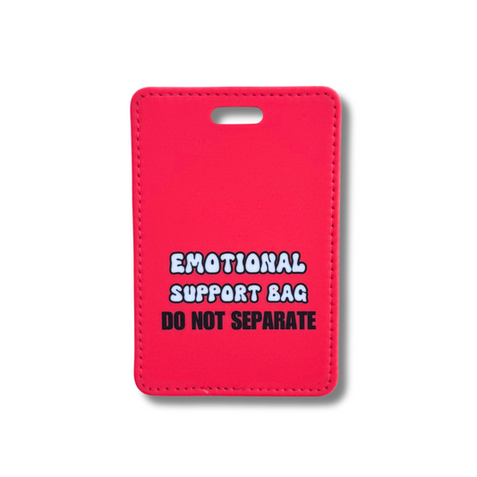 Bright red faux leather luggage tag with "Emotional Support Bag – Do Not Separate" in bold text, perfect for travelers who rely on their carry-ons.

