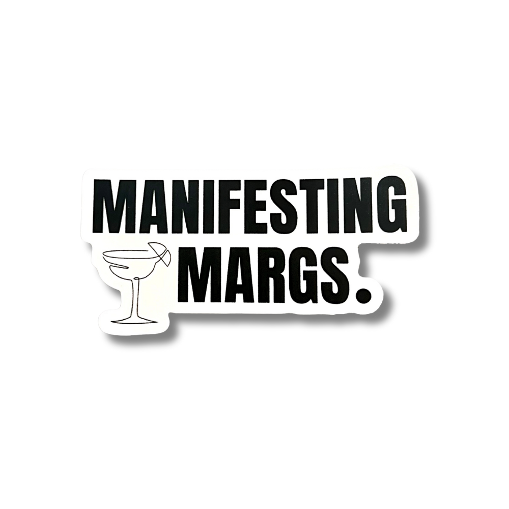 Black and white minimalist sticker with line art margarita glass "manifesting margs"