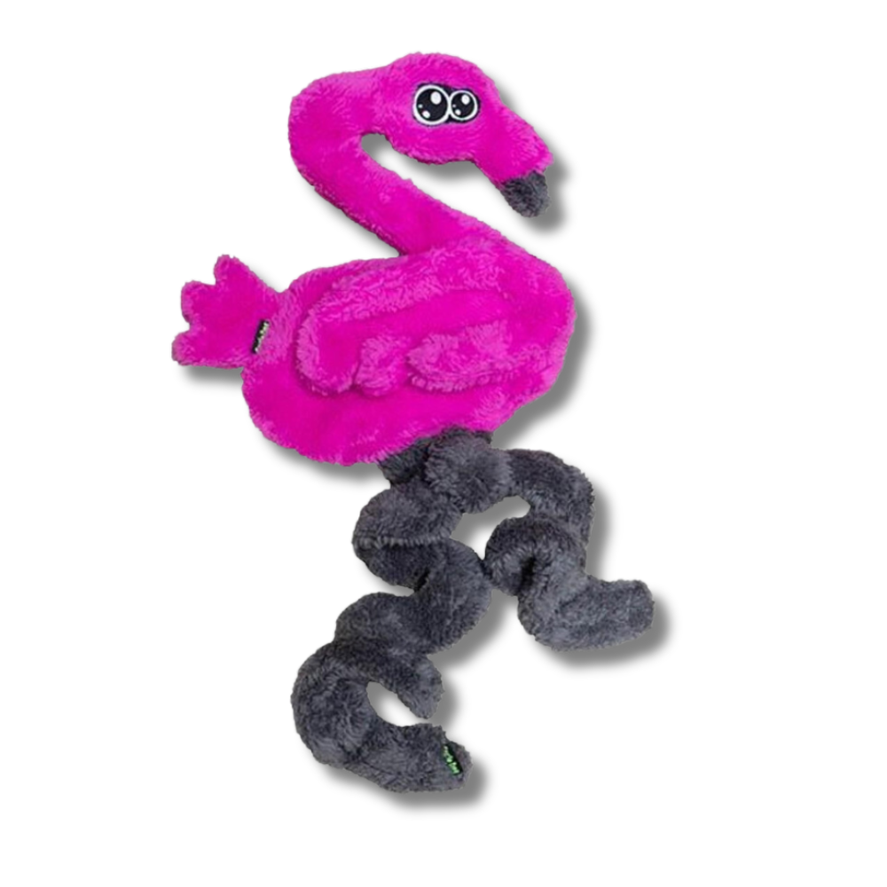 Funny hot pink flamingo dog toy with gray stretchy legs, plus a stretchy neck (a great tug toy)