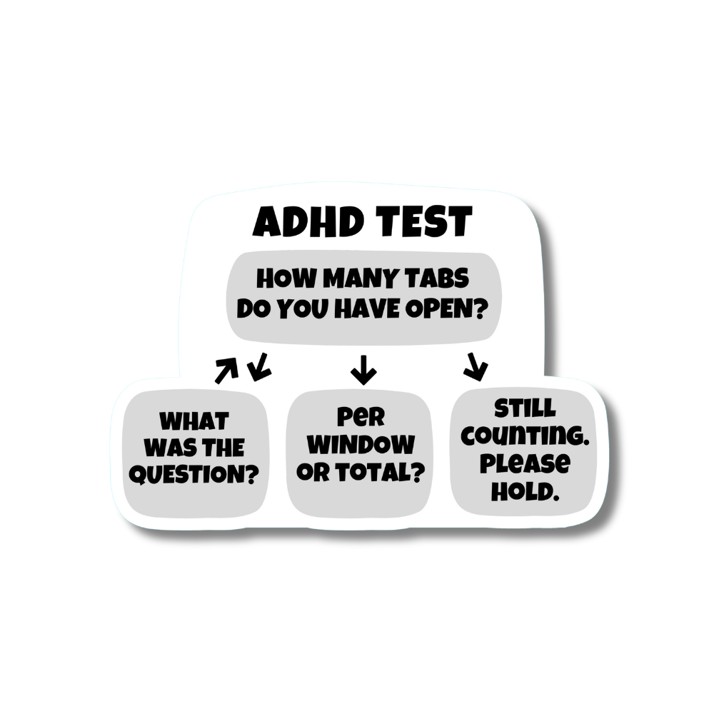 Funny ADHD sticker with a tab-counting flowchart that reads 'How many tabs do you have open?'