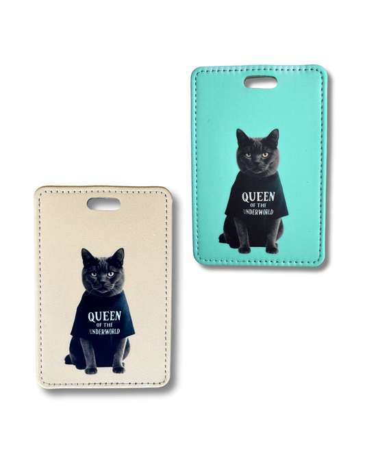 Funny attitude cat luggage tag in two colors: light beige and teal. Black cat wearing black t-shirt "Queen of the Underworld"