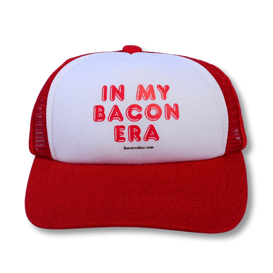 Red and white funny baseball cap for dog: design is also red: 'In My Bacon Era' text on a white background