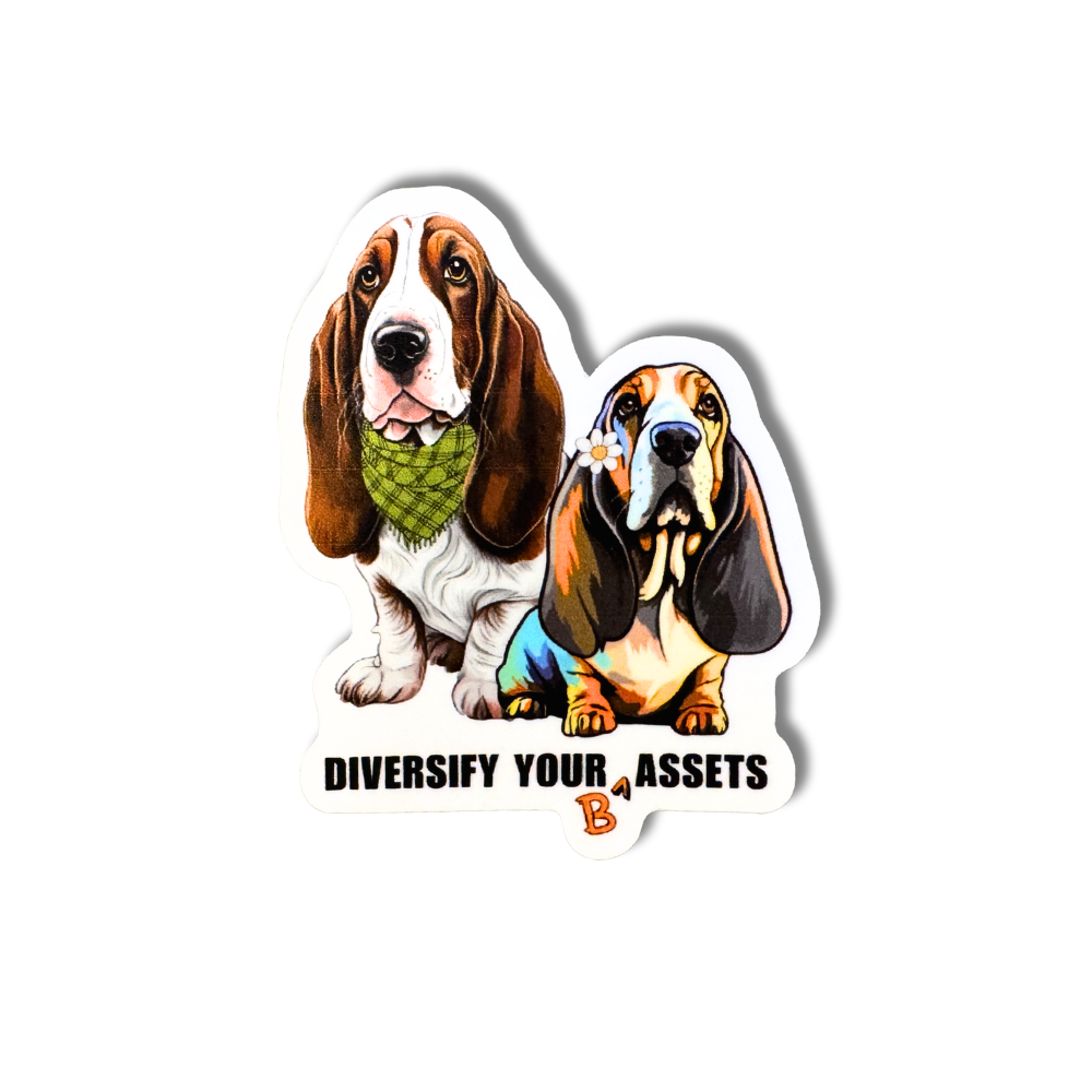 Funny basset hound sticker with two dogs and text “Diversify Your Assets” featuring rainbow-dyed dog and green bandana