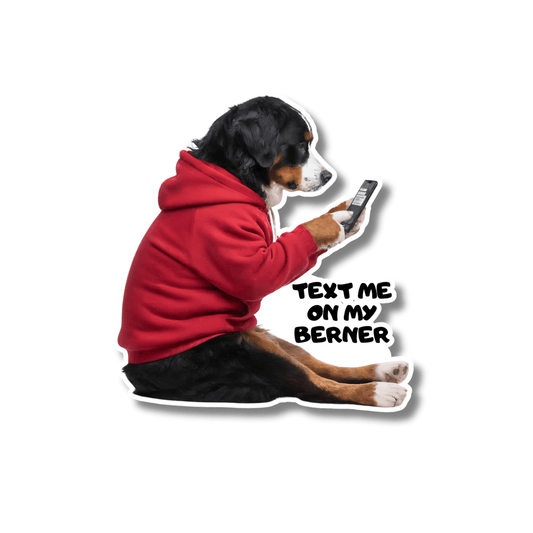 funny bernese mountain dog berner sticker in red hoodie texting