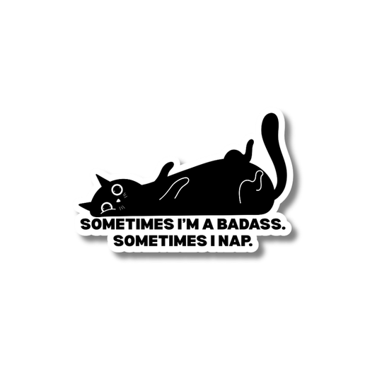 Black and white sticker with a cat illustration and funny text on a white background