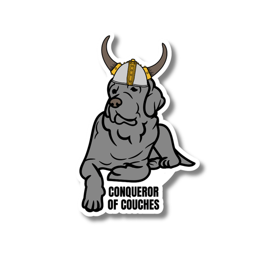 black lab sticker; lab wearing a viking helmet with text: conqueror of couches