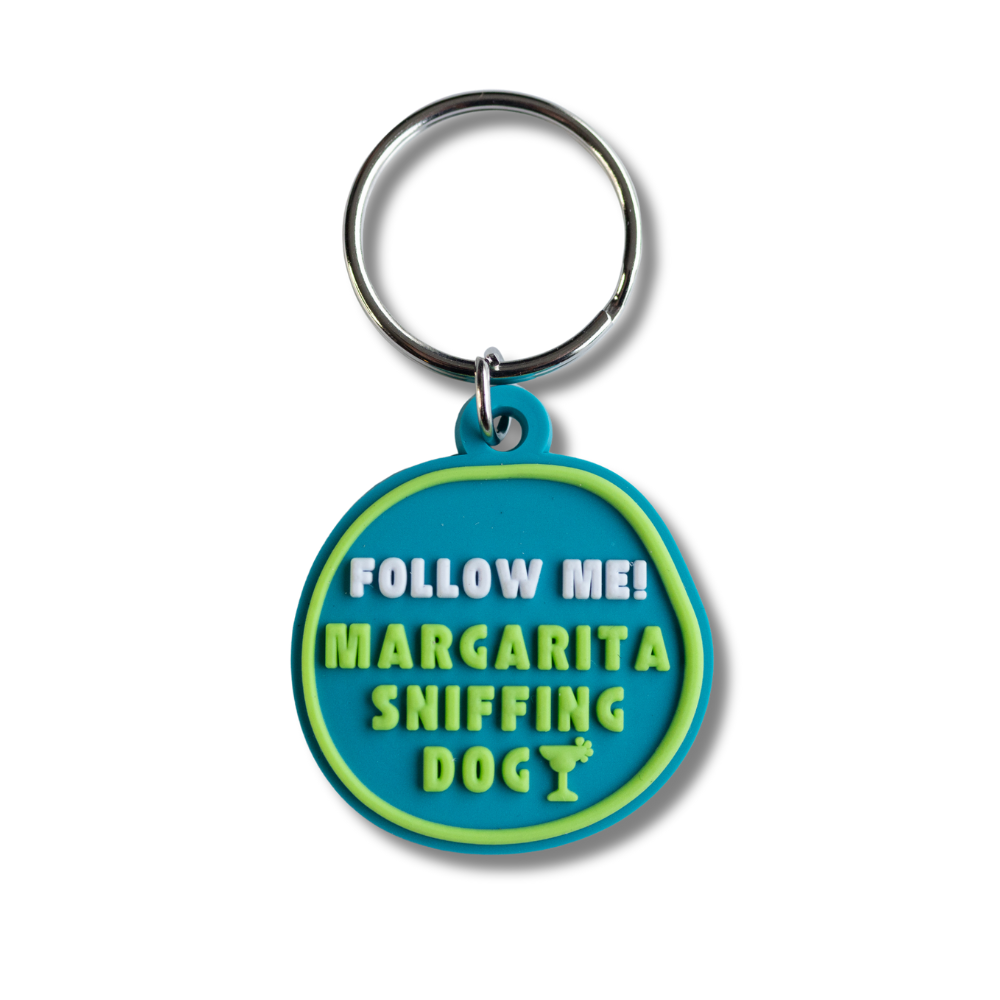 humorous dog collar charm - soft flexible turquoise design with raised letters "Follow me, margarita sniffing dog"