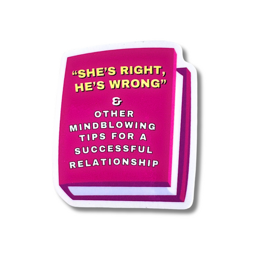 pink book shaped hilarious sticker "she's right, he's wrong" & other mind blowing tips for a successful relationship