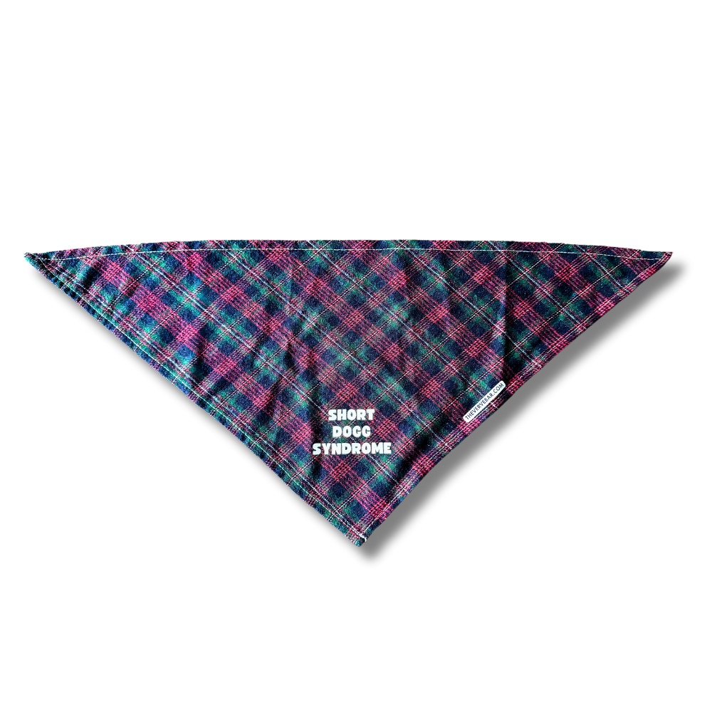 red, dark green, and navy plaid funny bandana for small dogs. White text: short dogg syndrome"