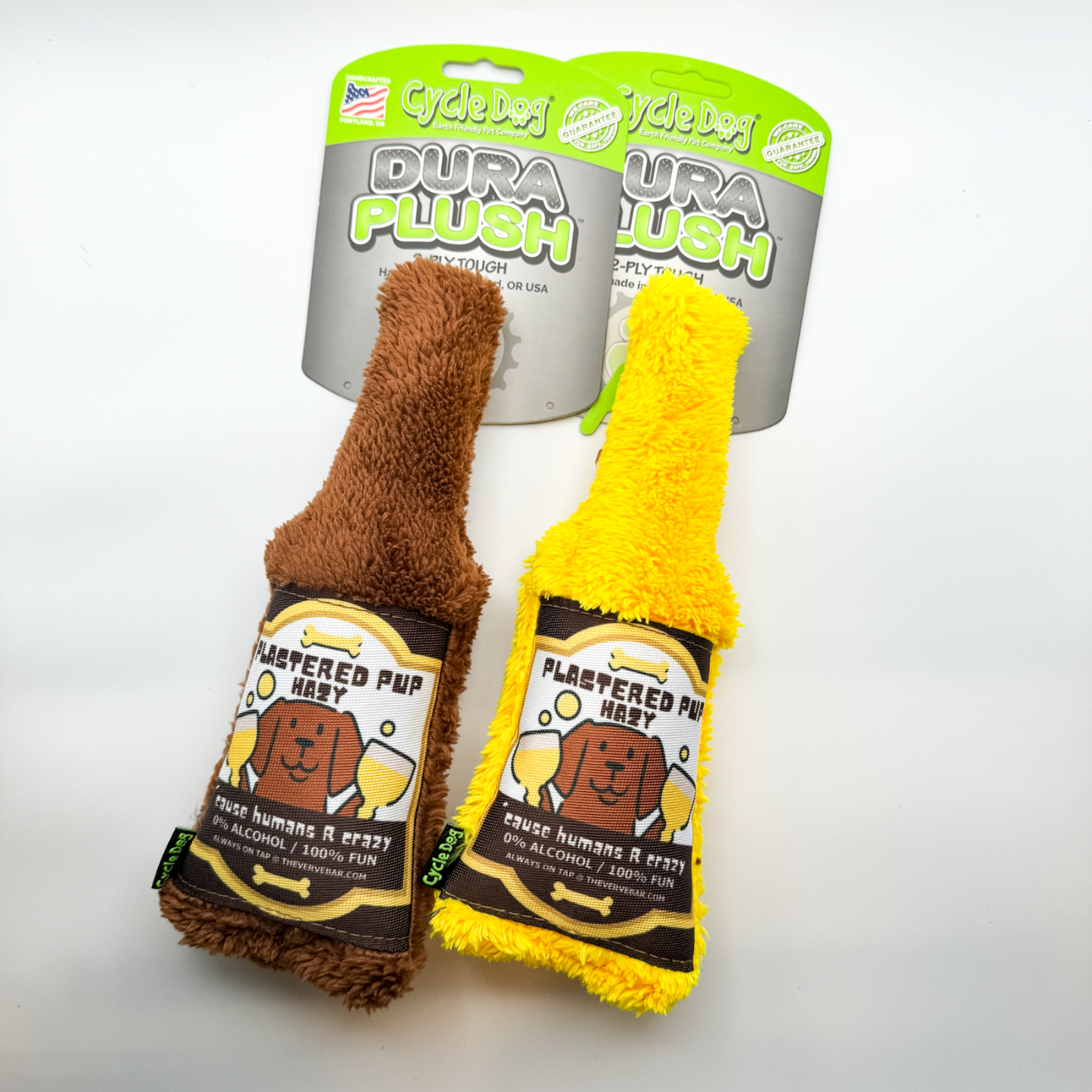 Two color options for dog beer bottle toy: brown or yellow