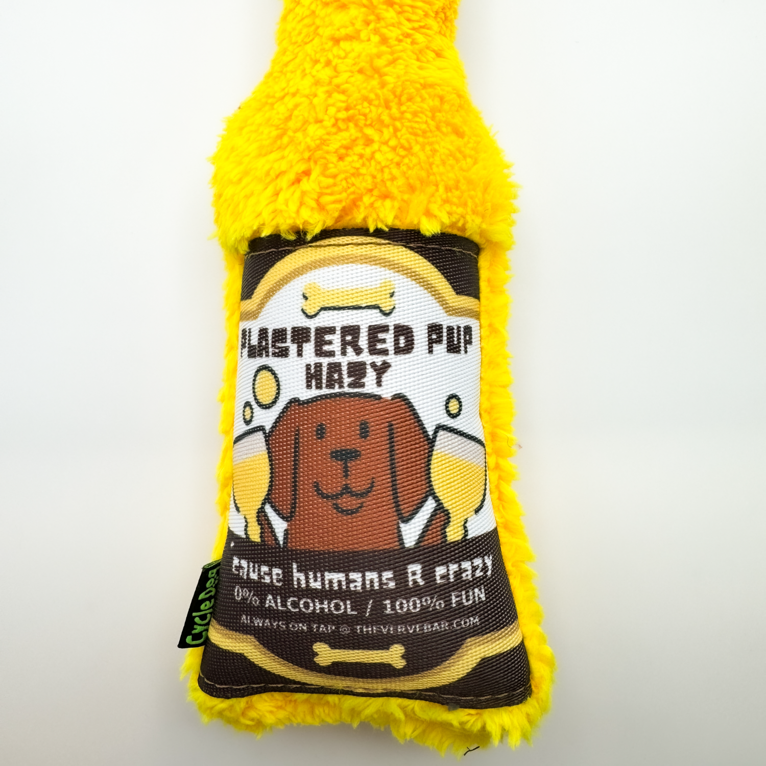 close up of yellow funny beer dog toy