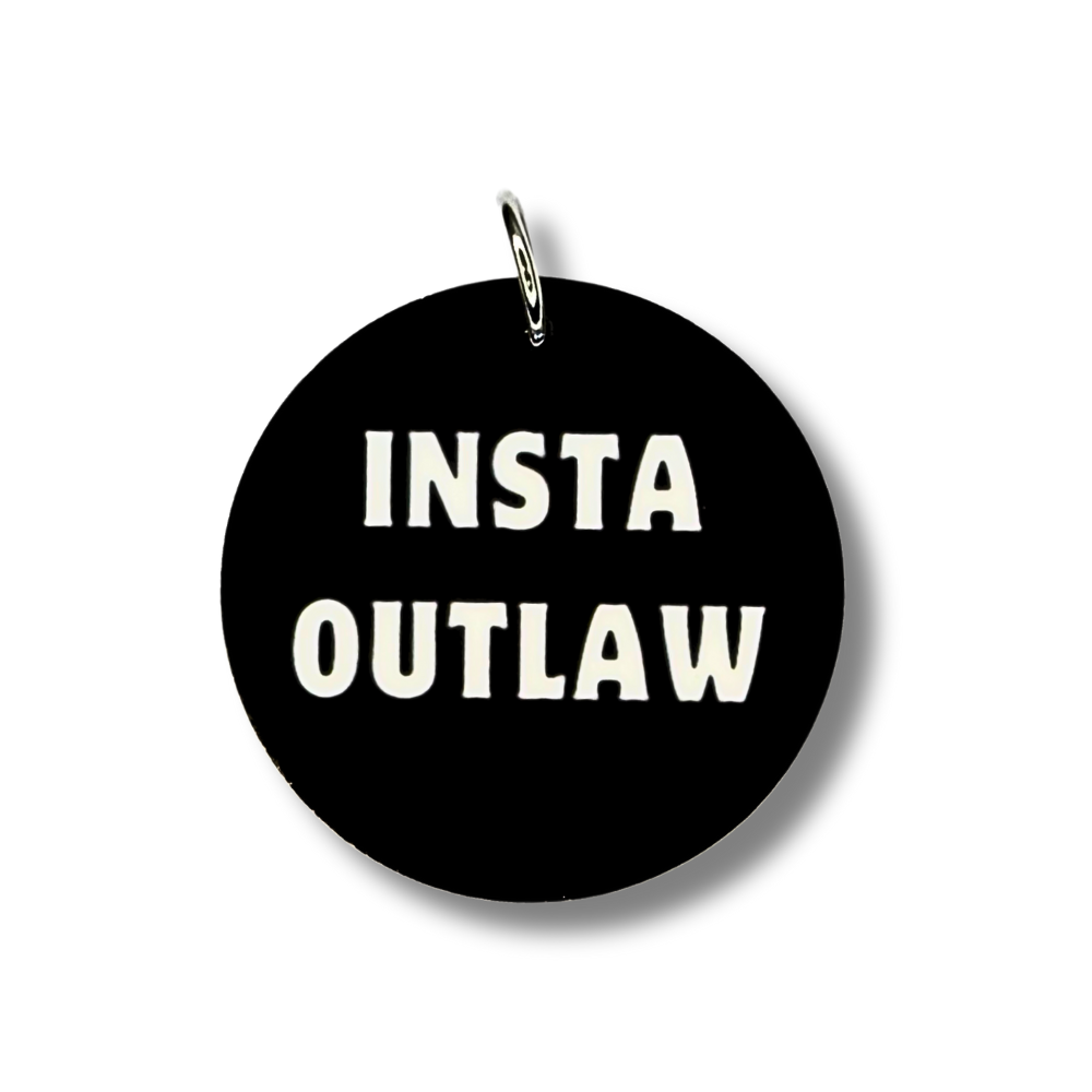 Round black funny dog collar charm with bold white font "Insta outlaw" 