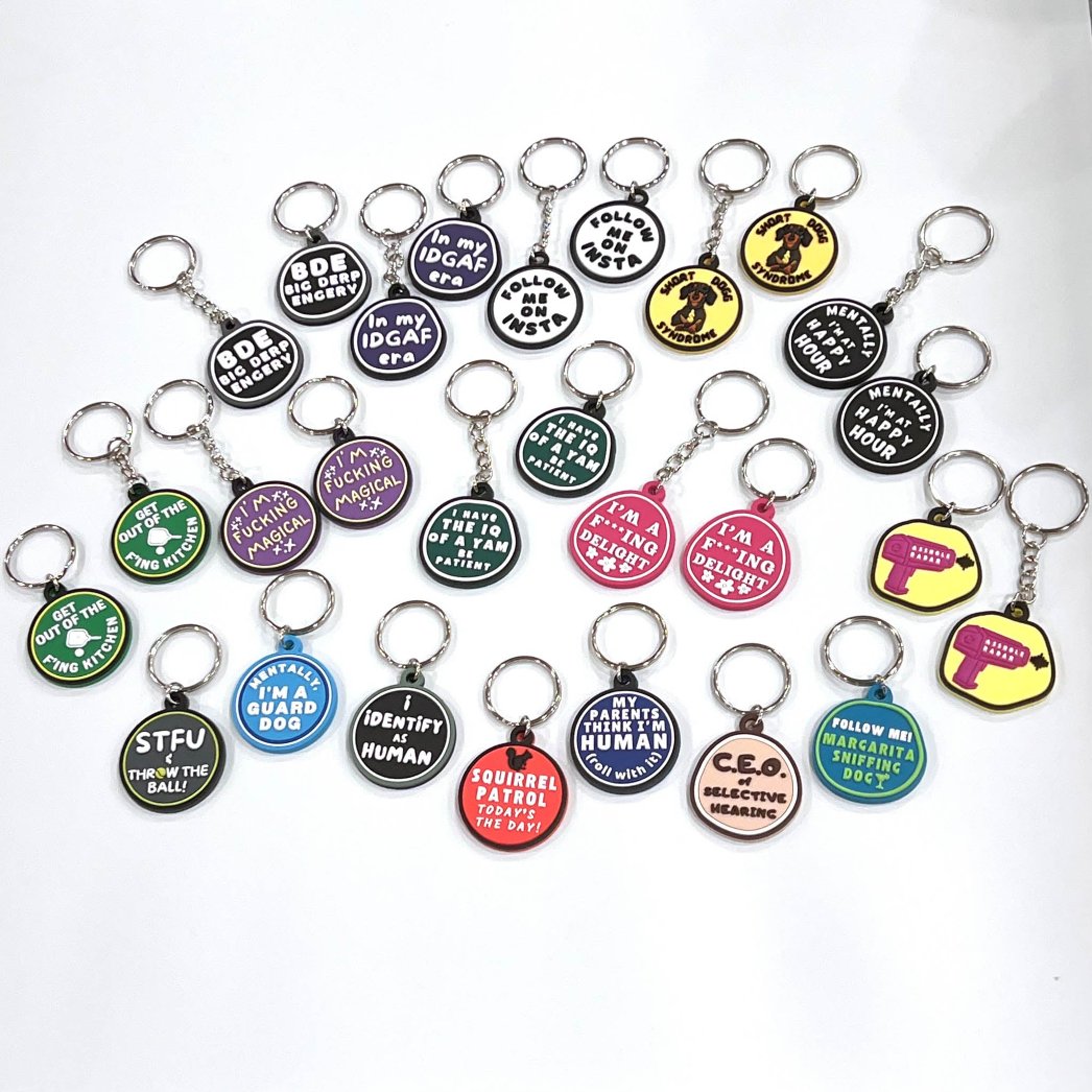 all 17 of our soft, flexible 3-D keychains and dog collar charms 