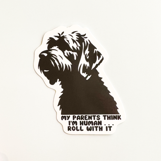 goldendoodle dog sticker "dark gray cartoon of labradoodle with caption: my parents think I'm human, roll with it."