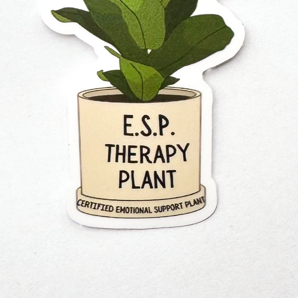 funny plant decal "ESP Therapy Plant / Emotional Support Plant" close up of sticker