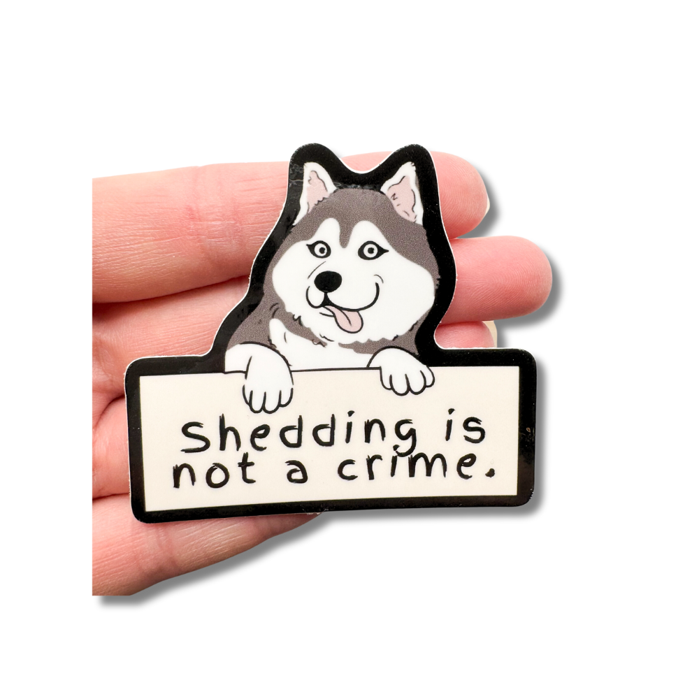 cute husky dog sticker with shedding joke- size comparison on a hand