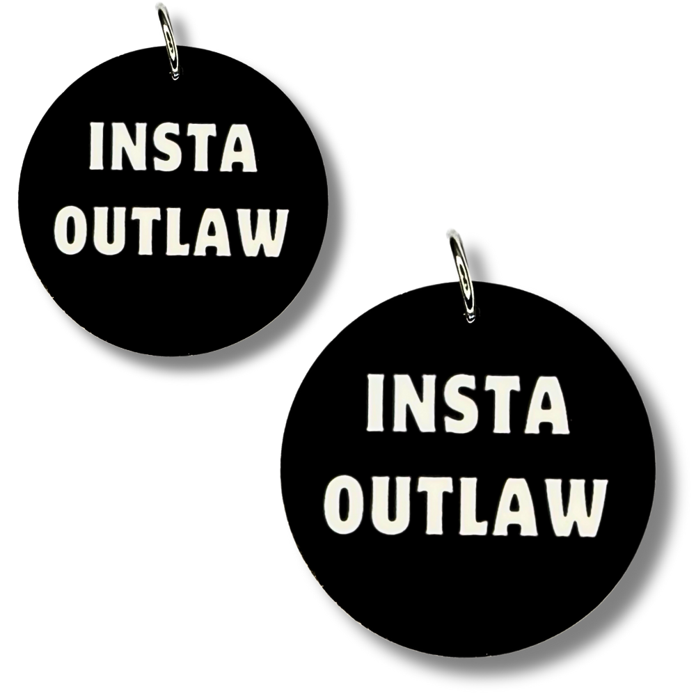 Round black funny dog collar charm with bold white font "Insta outlaw" - image shows two sizes