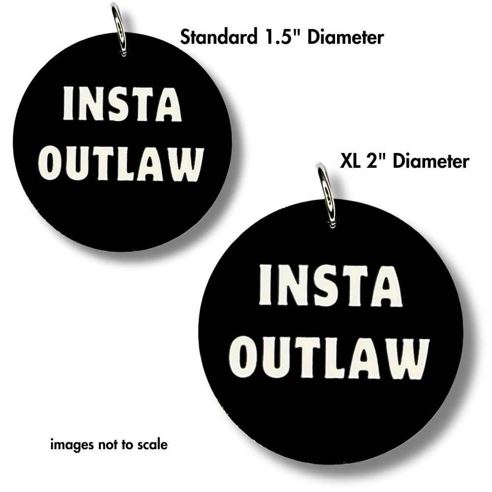 Round black funny dog collar charm with bold white font "Insta outlaw" - image shows two sizes with size explanations