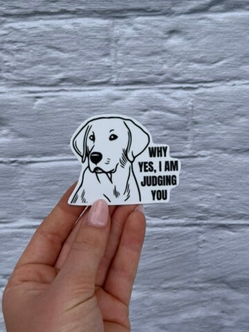 Hand holding a sticker with a lab dog illustration and text against a gray stone wall background