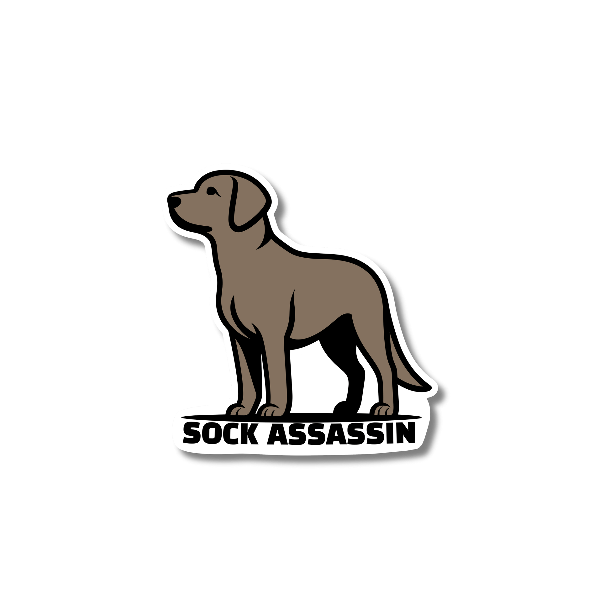 Vinyl sticker of a chocolate Labrador retriever with the phrase “Sock Assassin” beneath it in bold black text.