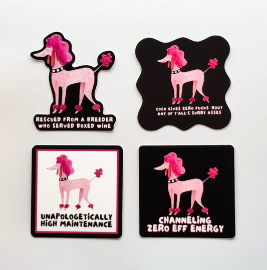 4 different black/pink/white funny dog stickers featuring Coco the bitchy pink poodle.