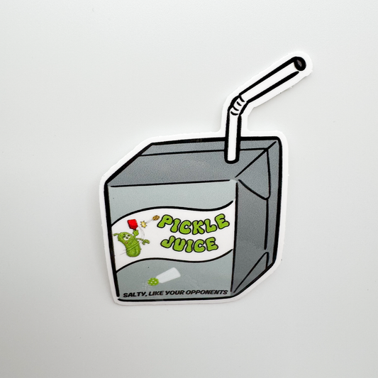 gray carton with straw (pickle playing pickleball) "Pickle Juice, Salty, like your opponents" juice box sticker
