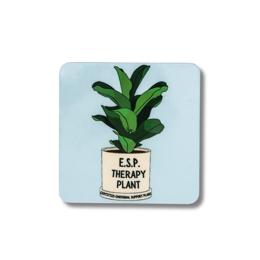 light blue square funny magnet with cartoon plant "ESP Therapy Plant; certified emotional support plant"