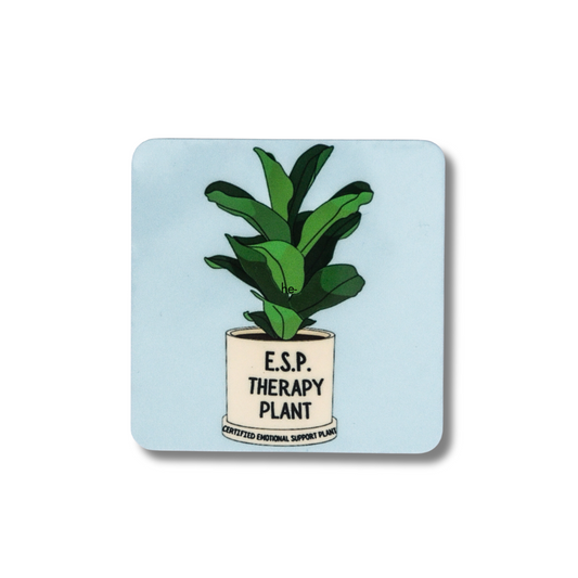 light blue square funny magnet with cartoon plant "ESP Therapy Plant; certified emotional support plant"