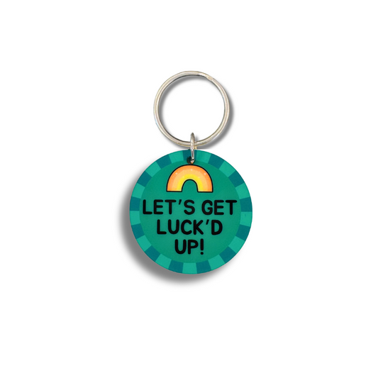 Large / Extra Large size Green acrylic Let’s Get Luck’d Up Dog Collar Charm with rainbow design. Double-sided.