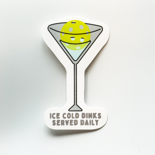 funny pickleball sticker: yellow pickleball in a martini glass "ice cold dinks served daily