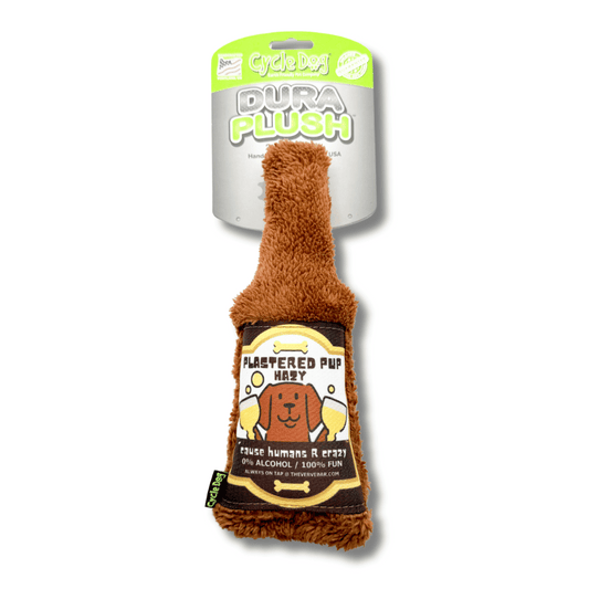 brown plush beer toy for dog with cartoon dog holding large beer mugs "plastered put hazy ... 'cause humans are crazy!"