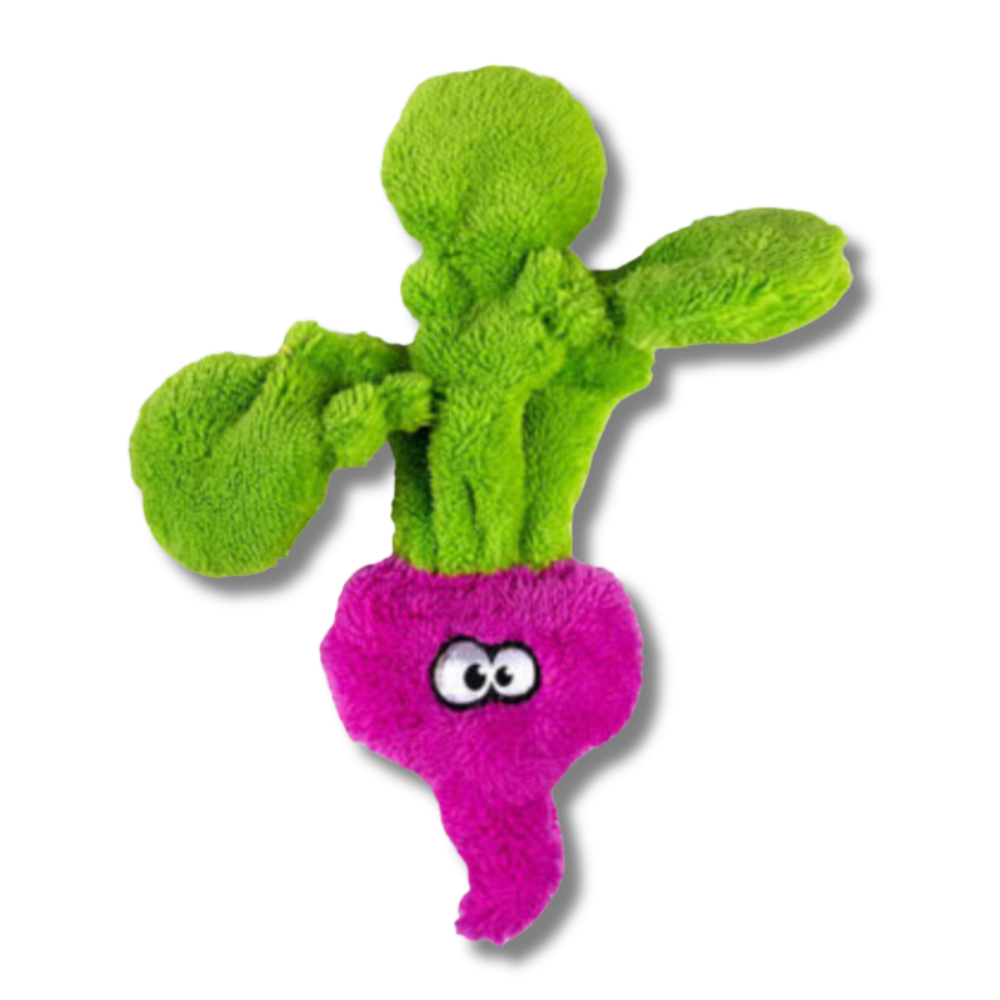 Plush veggie dog toy; hot pink radish with long greens coming out the top.