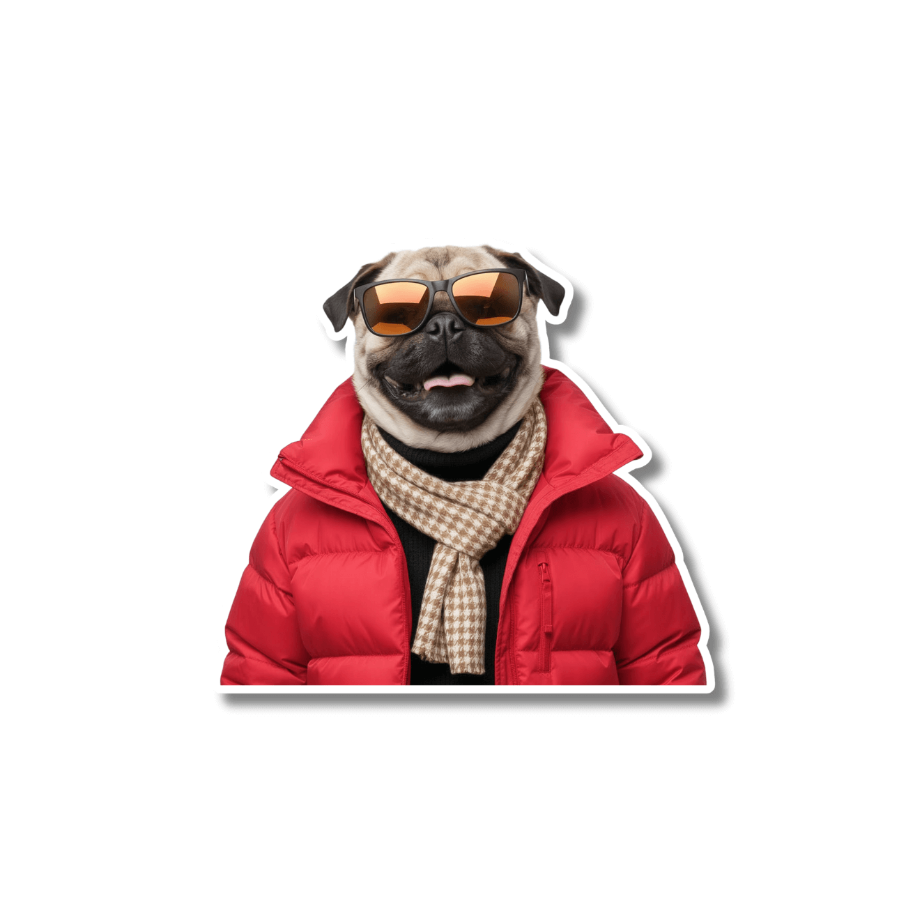 Funny pug ski sticker; pug in red puffer jacket, scarf, and sunglasses on white background, easy peel kiss-cut vinyl.