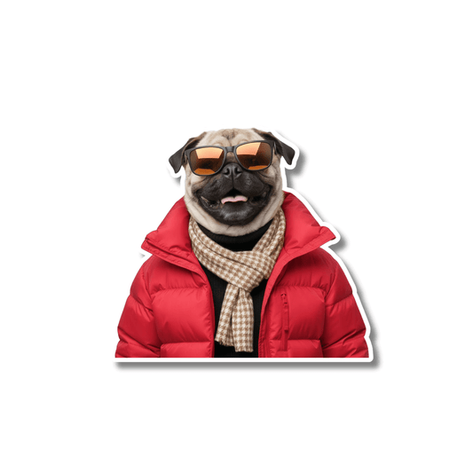 Funny pug ski sticker; pug in red puffer jacket, scarf, and sunglasses on white background, easy peel kiss-cut vinyl.