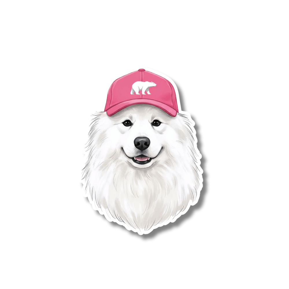 Funny samoyed land cloud stickers: A smiling white fluffy Samoyed dog wearing a bright pink baseball cap with a white polar bear logo, matte vinyl finish on a white background.
