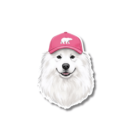 Funny samoyed land cloud stickers: A smiling white fluffy Samoyed dog wearing a bright pink baseball cap with a white polar bear logo, matte vinyl finish on a white background.