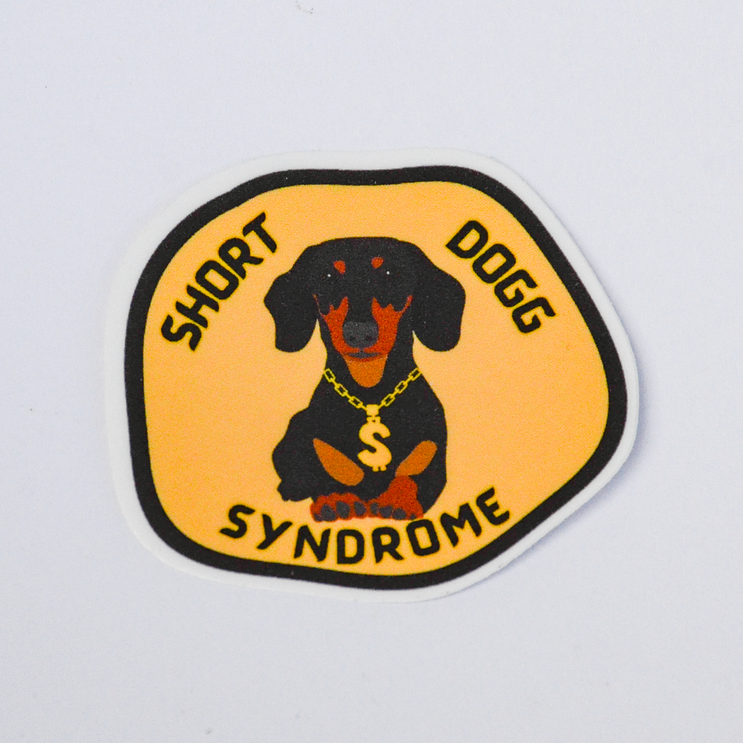 short dogg syndrome funny wiener dog sausage dog sticker. Cartoon dachshund wearing a gold chain with a dollar sign