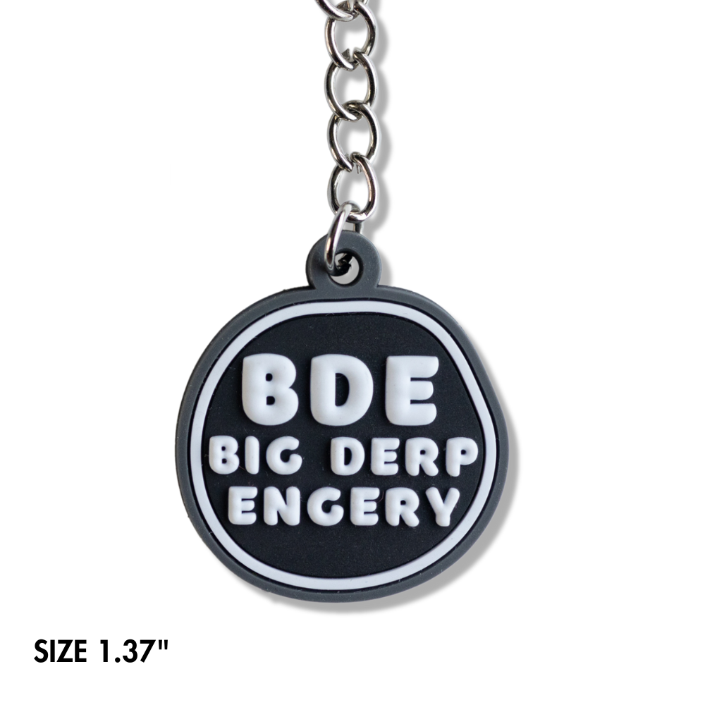 close up of BDE Big Derp Energy Keychain - black, gray, and white irregular circle.