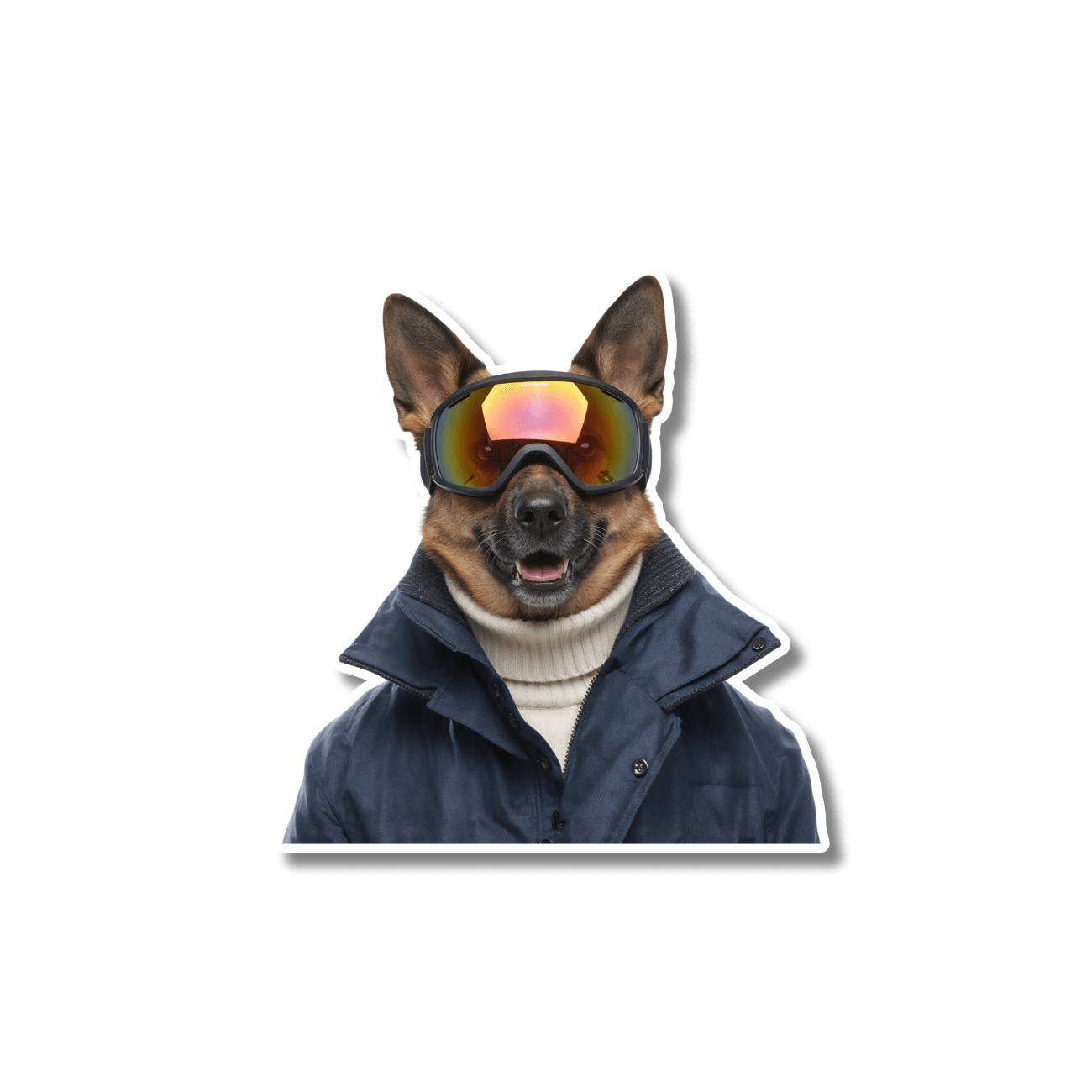 German shepherd ski sticker; german shepherd wearing ski goggles and winter jacket on white background, easy peel kiss-cut vinyl.