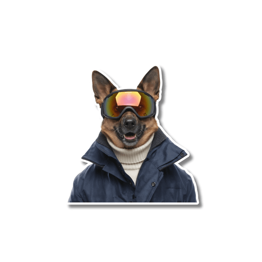 German shepherd ski sticker; german shepherd wearing ski goggles and winter jacket on white background, easy peel kiss-cut vinyl.