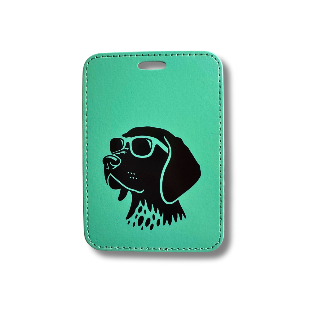 GSP LUGGAGE TAG. Green German shorthair pointer luggage tag. Black dog (wearing sunglasses) with mint green background.