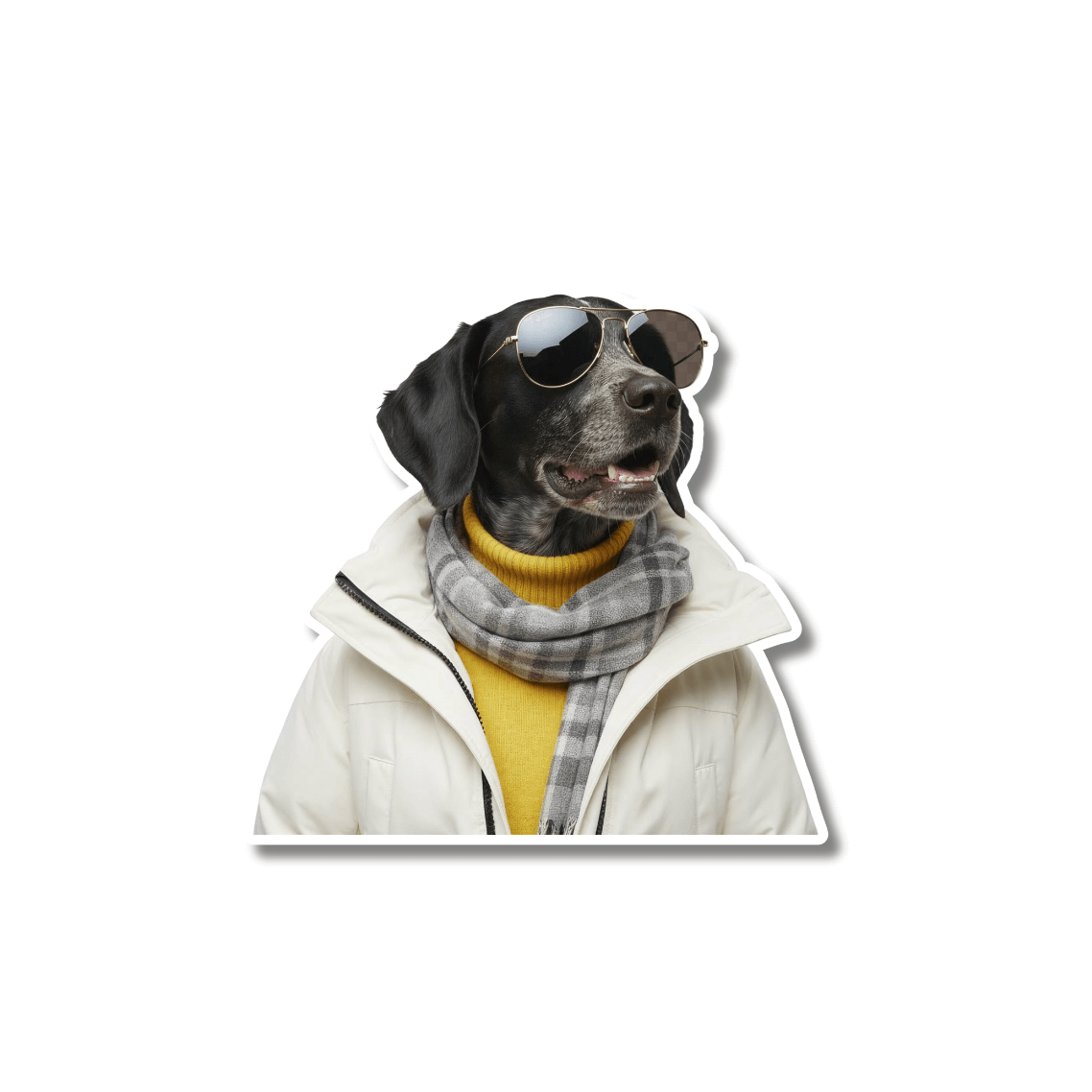 german shorthaired pointer sunglasses sticker; GSP wearing aviator sunglasses, white winter jacket, yellow sweater, and gray scarf on white background