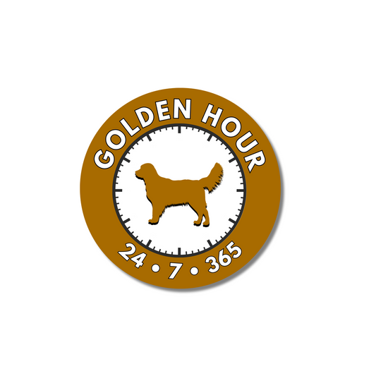 rusty-gold colored circle sticker of golden retriever with text "golden hour 27/7/365"
