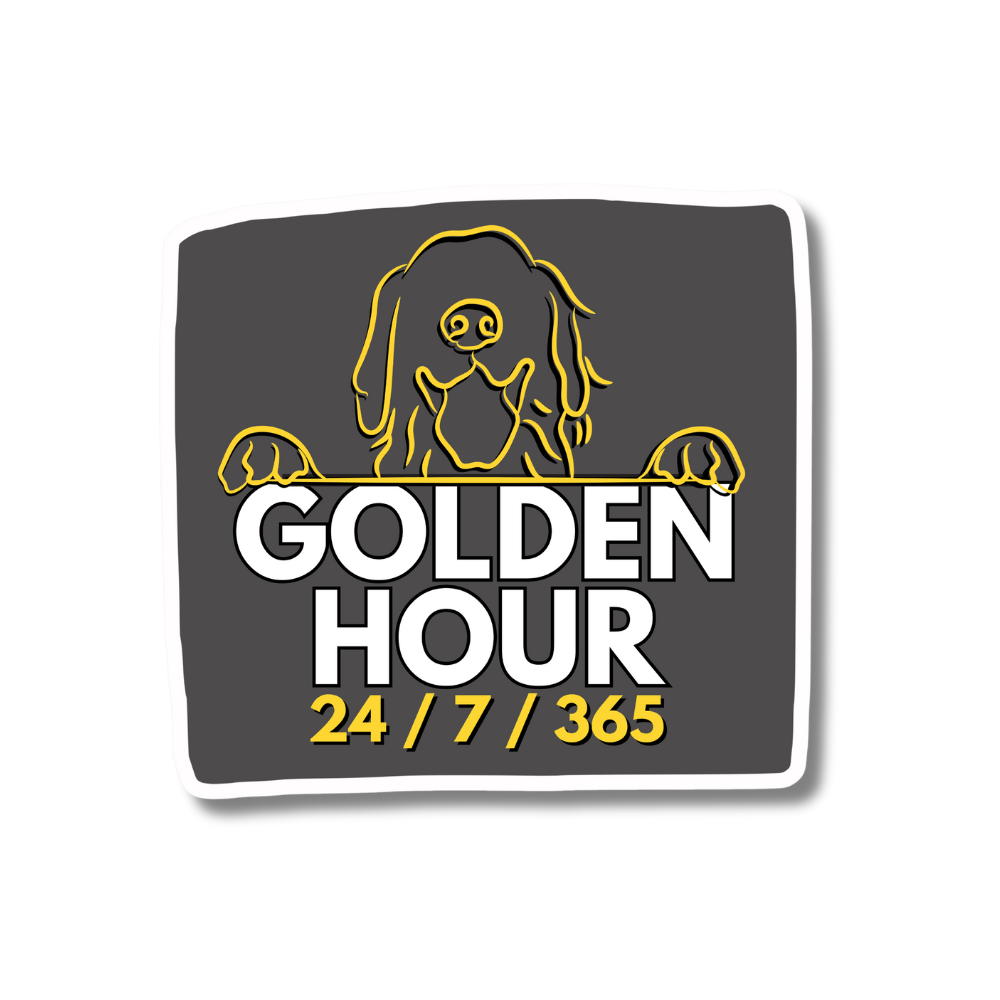 dark gray, yellow, and white golden hour golden retriever sticker "golden hour 24/7/365" with cartoon line art of golden