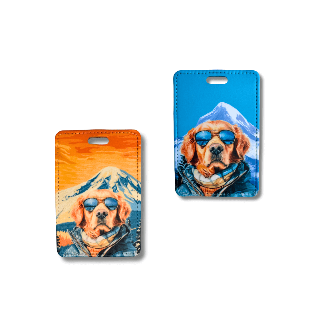 Two golden retriever luggage tags with a sunglasses in front of a mountain. One has a sunset orange sky background and the other blue sky.