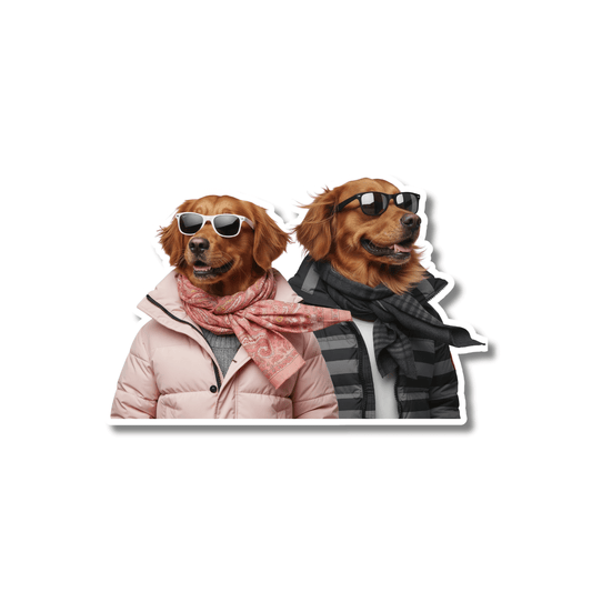 Golden retriever ski sticker; two golden retrievers in puffer jackets, scarves, and sunglasses on white background, easy peel kiss-cut vinyl.
