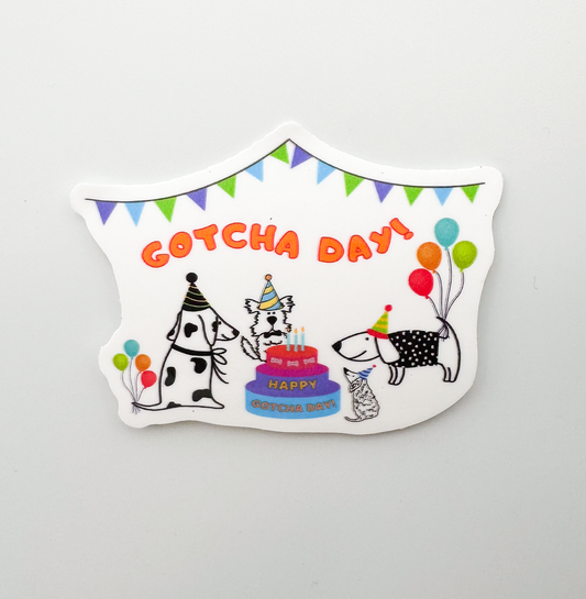 gotcha day dog party sticker with 3 cartoon dogs, party decor, and dog cake