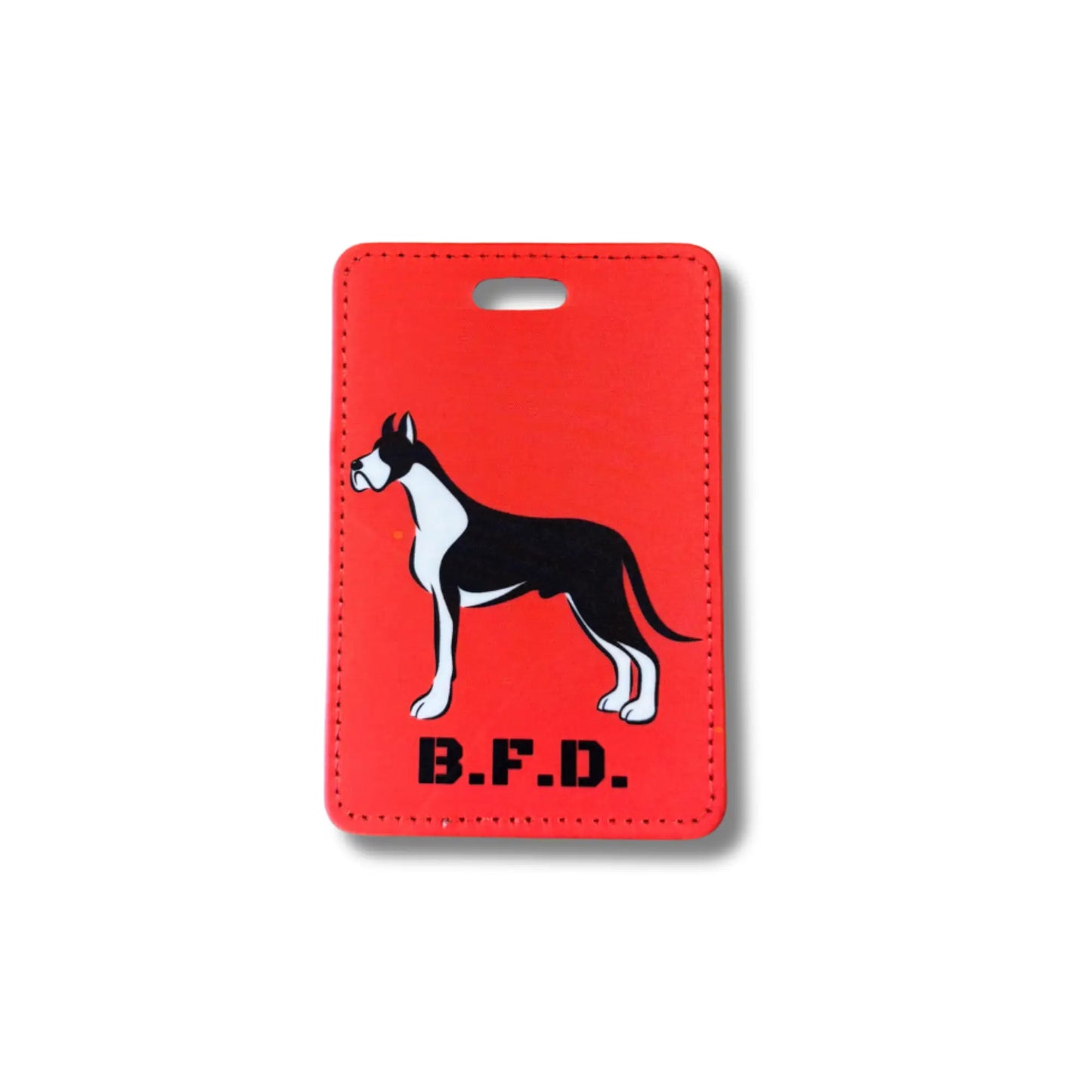 red funny dog luggage tag that says B.F.D. with illustration of a Great Dane – bold travel accessory for dog lovers