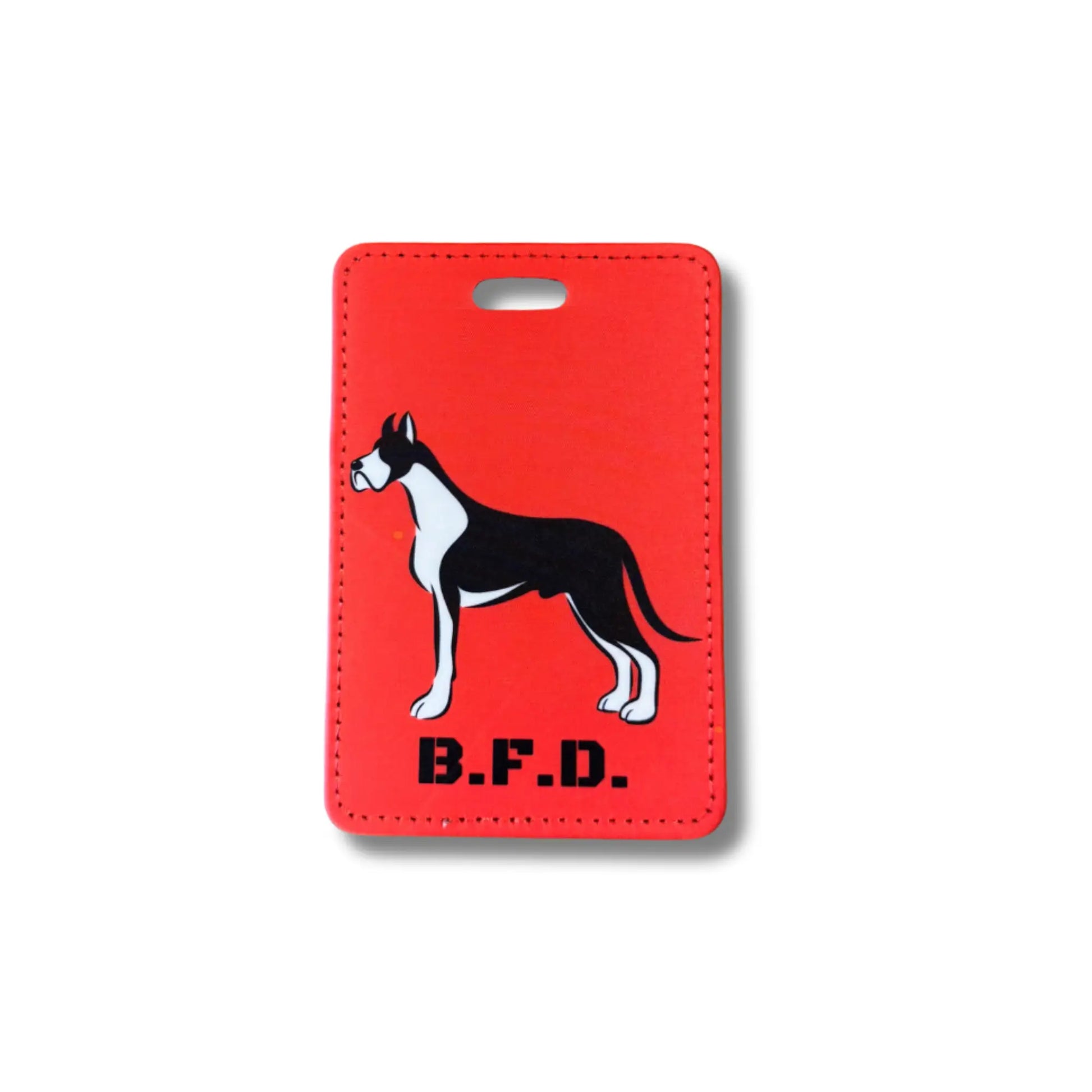 red funny dog luggage tag that says B.F.D. with illustration of a Great Dane – bold travel accessory for dog lovers